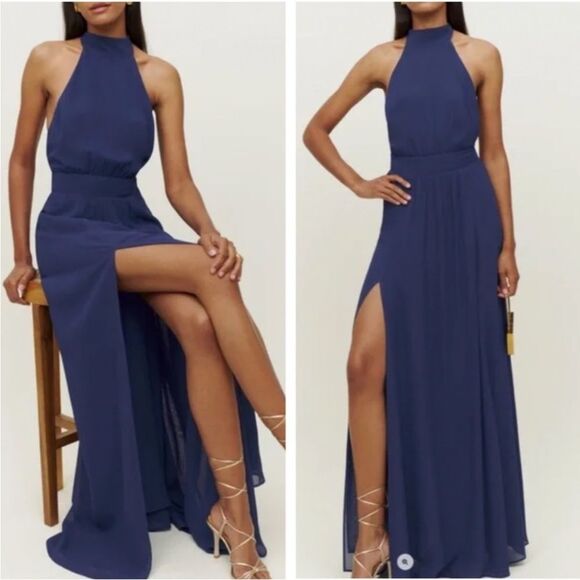 NWT Reformation Andee Maxi Halter Dress Gown - Danube Navy Blue 12 $378 - Picture 1 of 10